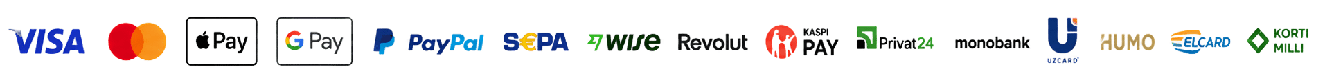 Принимаем Visa, Mastercard, Apple Pay, Google Pay, PayPal, SEPA, Wise, Revolut, Kaspi, Privat24, monobank, UZCARD, HUMO, ELCARD, Korti Milli